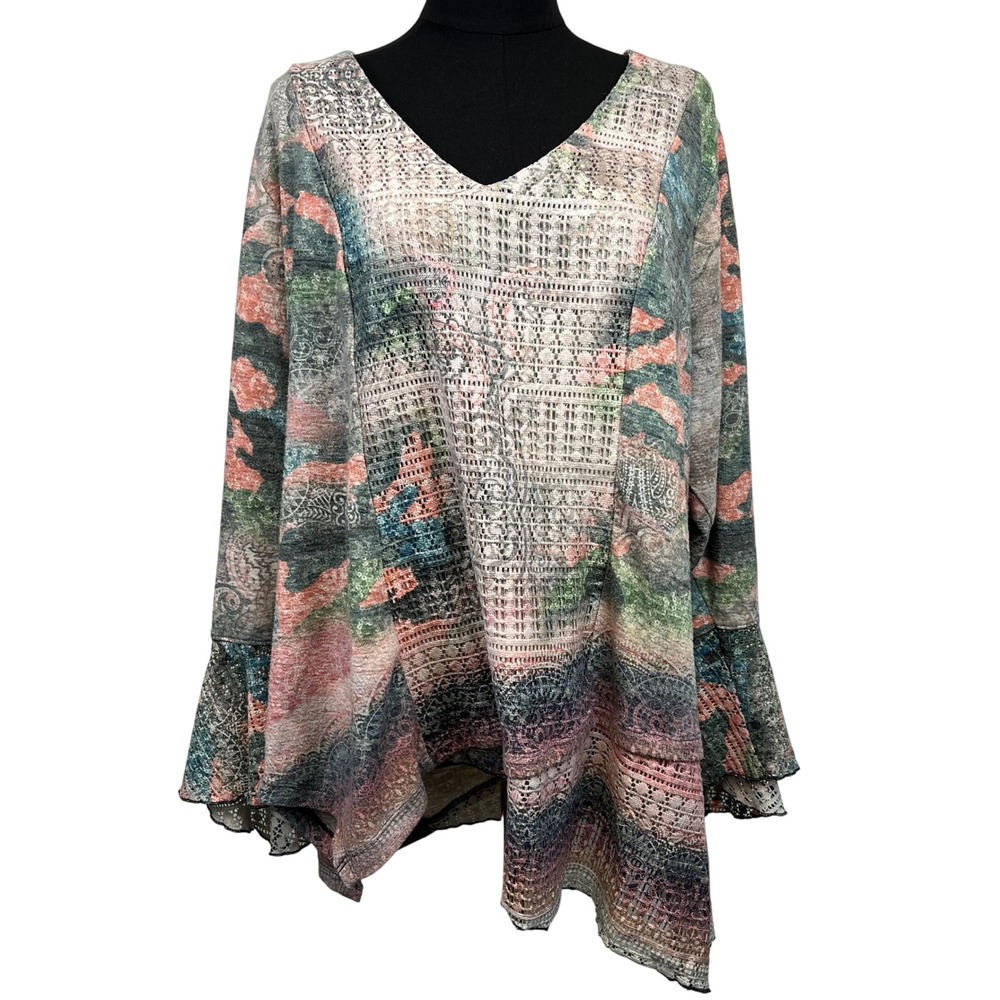 One World Women's 3X Tunic Top Bell Sleeve Crochet Artsy Boho Asymmetric‎ Hem